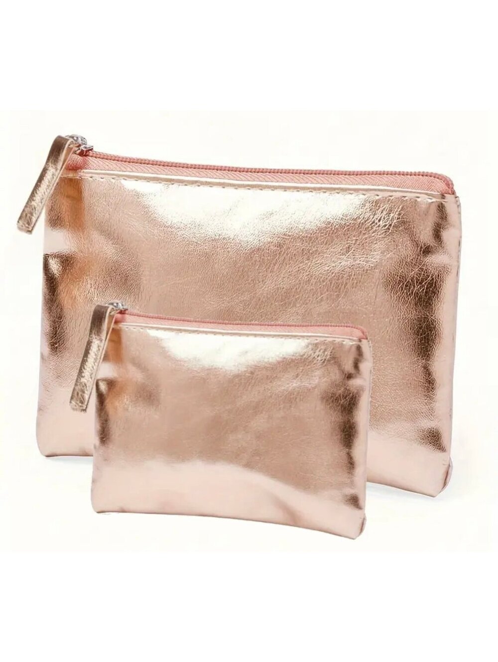 New - Chic - 2Pcs Rose Gold Metallic Cosmetic /Accessories Bag Set